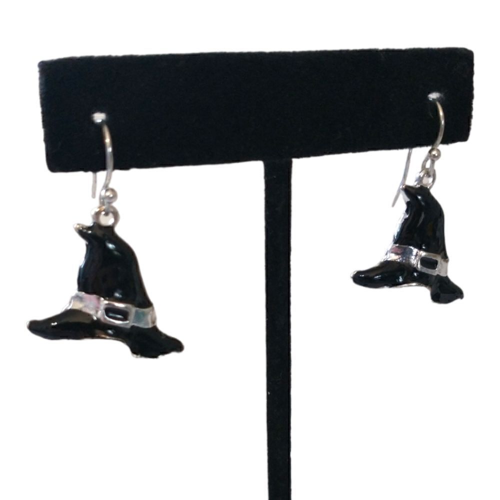 Halloween Earrings Dangle Silver Tone Black Enameled Witch Hat Witchy Witchcore.